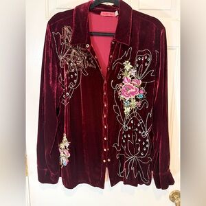 Johnny Was shirt burgundy red Velvet Embroidered
Rayon silk XL snap front L/S